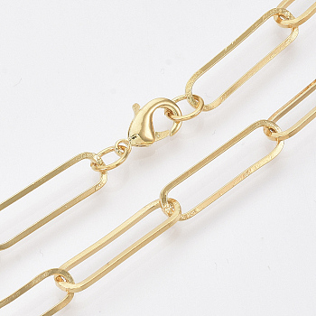 Brass Flat Oval Paperclip Chain Necklace Making, with Lobster Claw Clasps, Real 18K Gold Plated, 24.4 inch(62cm), Link: 22x6x1mm