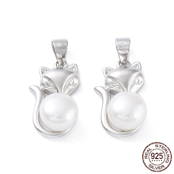 Rhodium Plated 925 Sterling Silver Pendants, with Natural Pearl Beads, Fox Charms, with S925 Stamp, Matte Platinum Color, 18.5x11x7.5mm, Hole: 3.4x4.5mm