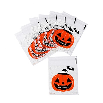 Halloween Theme Plastic Bakeware Bag, with Self-adhesive, for Chocolate, Candy, Cookies, Square, Pumpkin, 130x100mm, Inner Diameter: 100x100mm, 2 styles, 50pcs/style, 100pcs/bag