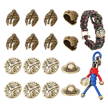 10Pcs Helmet Alloy Beads, with 10Pcs Half Round with Shield Pattern Shank Buttons, Mixed Color, Beads: 16x11x10.5mm, Hole: 1.6mm, 10pcs; Buttons: 17x9.5mm, Hole: 5.5mm, 10pcs