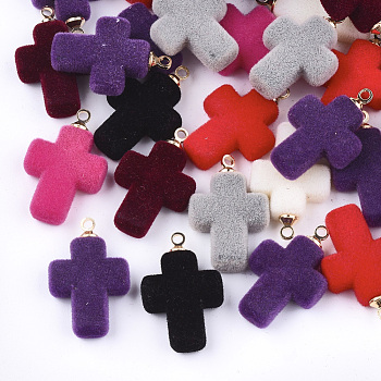 Flocky Acrylic Pendants, with Brass Findings, Cross, Golden, Mixed Color, 22.5x14x5mm, Hole: 1.6mm