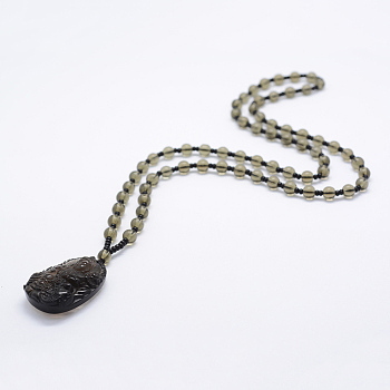 Glass Beaded Pendant Necklaces, with Natural Obsidian Pendants, Buddha, 25.2 inch(64cm)