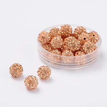 Polymer Clay Rhinestone Beads, Pave Disco Ball Beads, Grade A, Round, Half Drilled, Light Peach, 8mm, Hole: 1mm