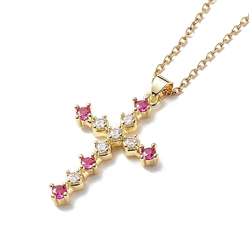 Fuchsia Cubic Zirconia Cross Pendant Necklace, 304 Stainless Steel Jewelry for Women, Golden, 16.73 inch(42.5cm)