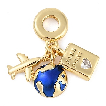 Rack Plating Brass Clear Cubic Zirconia European Dangle Charms, Blue Enamel Travel Large Hole Pendants, Real 18K Gold Plated, Long-Lasting Plated, Cadmium Free & Lead Free, Earth, 27mm, Hole: 4.5mm