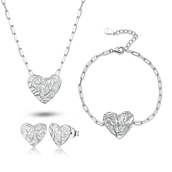 Stainless Steel Jewelry Sets for Women, Stud Earring & Bracelets & Necklaces, Stainless Steel Color, 15-3/8 inch(39cm)
