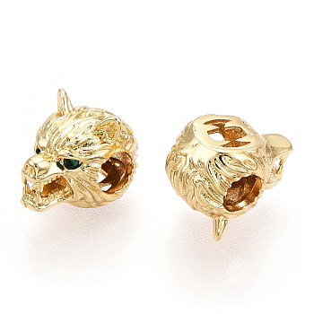 Brass Beads, with Cubic Zirconia, Wolf Head, Golden, 12x11x14.5mm, Hole: 5mm