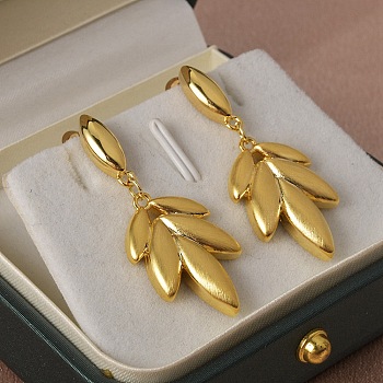 Wheat Brass Drawbench Dangle Earring, Stud Earrings for Women, Real 22K Gold Plated, 41x16mm