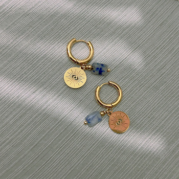 Vintage French Style Gold-Plated Flat Round Hoop Earrings, with Natural Gemstone Pendants, Golden, Blue, 