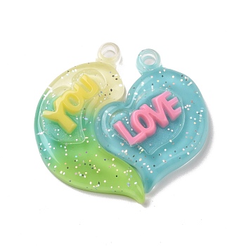 Gradient Color Translucent Resin Pendants, with Glitter Powder, Couple Heart Charm with Word LOVE YOU, Yellow Green, 39x38.5x5.5mm, Hole: 3.5mm, 2pcs/set
