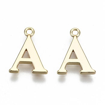 Brass Charms, Nickel Free, Letter, Real 18K Gold Plated, Letter.A, A: 13x10x1mm, Hole: 1.2mm