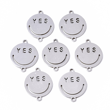 201 Stainless Steel Links Connectors, Laser Cut, Flat Round with Smile Yes, Stainless Steel Color, 18x14x1mm, Hole: 1.4mm