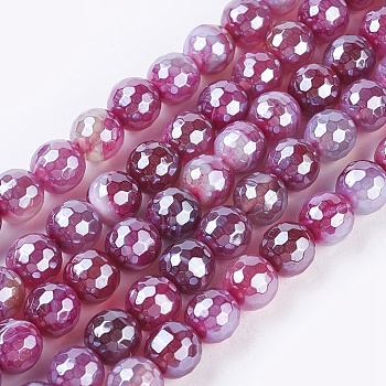 Natural Striped Agate/Banded Agate Beads Strands, Pearl Luster Plated, Faceted, Round, Old Rose, 6mm, Hole: 0.8mm, about 62pcs/strand, 15.35 inch(39cm)