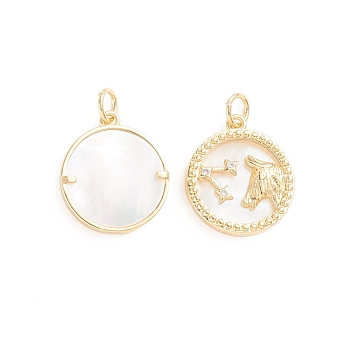 Brass Micro Pave Cubic Zirconia Pendants, with Natural Shell and Jump Ring, Flat Round with Twelve Constellations, Golden, Taurus, 17.5x15x2.5mm, Hole: 3.5mm