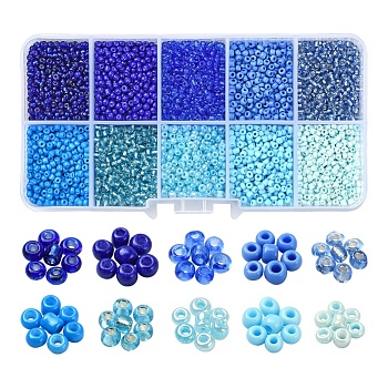 8500Pcs 10 Style Glass Seed Beads, Round, 12/0, Blue, 1.5~2.5mm, Hole: 0.5~1mm, 13g, 850pcs/style, 8500pcs/box