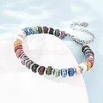 Chakra Dyed Natural Lava Rock Heishi Beaded Bracelets, with Synthetic Non-magnetic Hematite Beads and 304 Stainless Steel End Chain, Colorful, Stainless Steel Color, 6.69 inch(17cm)(GG-CBA922D-02)