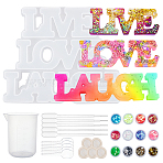 Word Love & Laugh Silicone Molds Kits, Resin Casting Molds, For UV Resin, Epoxy Resin Craft Making, with Plastic Pipettes, Nail Art Sequins, Latex Finger Cots, Mixed Color, 135x162x12.5mm(DIY-OC0003-12)