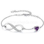 Infinity & Heart 925 Sterling Silver Pave Cubic Zirconia Link Bracelets, Cable Chain Bracelets for Women, Silver, Purple, 5-3/4 inch(14.5cm)(FS-WGF63DC-07)