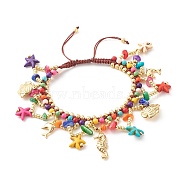 Ocean Animal Theme Braided Anklet, Synthetic Turquoise & Natural Chip Shell & Glass Beads Anklet, Starfish & Finsh & Dolphin Drop Charm Anklet for Women, Colorful, Inner Diameter: 2-1/4~3.62 inch(5.8~9.2cm)(AJEW-SZ0002-23)