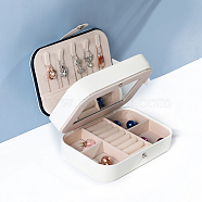 Imitation Leather Storage Box for Women, Rectangle Portable Jewelry Case Organizer for Earrings Rings Necklaces, with Snap Button and Mirror, White, 16x11.5x5.2cm(PW-WG9F2BD-01)