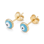 Brass Enamel Stud Earrings, Long-Lasting Plated, Flat Round with Evil Eye, Real 18K Gold Plated, Turquoise, 6x2.5mm, Pin: 0.8mm(EJEW-D274-02G-01)