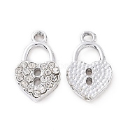 Alloy Crystal Rhinestone Pendants, Heart Lock Charms, Platinum, 16.5x10x2.5mm, Hole: 1.6mm(ALRI-H004-27P)