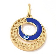 Brass Pendants, with Enamel, Real 18K Gold Plated, Long-Lasting Plated, Round Ring with Evil Eye Charm, Blue, 36.5x32.5x3.5mm, Hole: 11x7.5mm(KK-E076-05G-03)