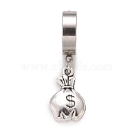 Stainless Steel Moneybag with Dollar Sign Dangle Hoop Earrings, Hip-hop Punk Jewelry for Women, Stainless Steel Color, 34x13.5x4mm, Pin: 0.9mm(EJEW-G286-06P)