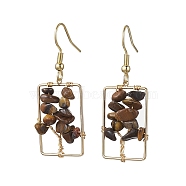 Natural Tiger Eye Chips Tree Dangle Earrings, Rectangle Real 18K Gold Plated Brass Drop Earrings with 304 Stainless Steel Earring Pins, 44x16.5~17mm(EJEW-JE05734-02)