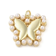 Brass Pendants, with ABS Imitation Pearl, Real 18K Gold Plated, Butterfly, 16.5x18x3.5mm, Hole: 1.6mm(KK-Q813-07B-G)
