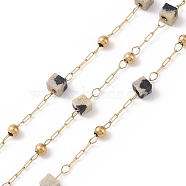 Natural Dalmatian Jasper Square Beaded Chains, with Golden 304 Stainless Steel Findings, Unwelded, 2~3x2~2.5x2~2.5mm, about 3.28 Feet(1m)/Box(AJEW-SZ0002-43C)