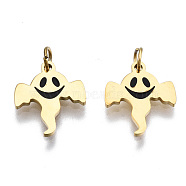 316 Surgical Stainless Steel Enamel Charms, with Jump Rings, for Halloween, Ghost, Black, Real 14K Gold Plated, 11.5x10x1mm, Jump Ring: 3.4x0.5mm, 2.4mm inner diameter(STAS-S116-345G)