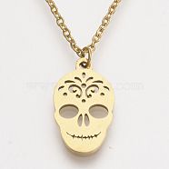 201 Stainless Steel Pendant Necklaces, with Cable Chains, Sugar Skull, For Mexico Holiday Day of the Dead, Golden, 15.9 inch(40.5cm), 1.5mm, Sugar Skull: 18x10.5x1mm(NJEW-T009-JN151-2)