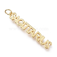 Brass Pendants, with Jump Rings, Long-Lasting Plated, Constellation/Zodiac Sign, Word, Sagittarius, 43x6.5x2mm, Hole: 4.5mm(ZIRC-I048-15G-02)