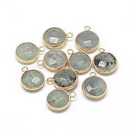 Natural Labradorite Pendants, with Brass Findings, Faceted, Flat Round, Golden, Gray, 19~21x15~16x6~7mm, Hole: 2mm(X-G-Q964-12G)
