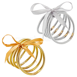 10Pcs 2 Colors Jelly Color PVC Plastic Bangle Sets, Glitter Powder Bangles with Polyester Ribbon for Women, Golden & Silver, 2-1/2 inch(6.3cm), 5Pcs/color(BJEW-GA0001-08)