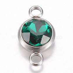 Glass Links connectors, Faceted, with 304 Stainless Steel Findings, Flat Round, Stainless Steel Color, Emerald, 17.5x10x6.5mm, Hole: 2.5mm(GLAA-G018-P10)