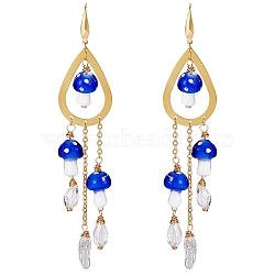 Natural Quartz Crystal Teardrop & Lampwork Mushroom Chandelier Earrings, Golden 316 Surgical Stainless Steel Long Tassel Drop Earrings for Women, Blue, 120x20mm, Pin: 0.8mm(EJEW-SW00018-01)