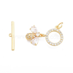 Brass Pave Clear Cubic Zirconia Toggle Clasps, Bees, Real 18K Gold Plated, Bar: 21x3.8x2mm, Hole: 1.5mm, Rng: 18.5x12x1.5mm(KK-I663-03G)