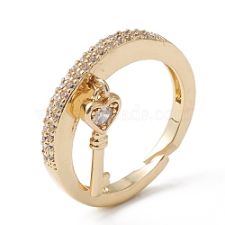 Clear Cubic Zirconia Heart Skeleton Key Charm Open Cuff Ring, Rack Plating Brass Chunky Ring for Women, Lead Free & Cadmium Free, Real 18K Gold Plated, US Size 6~US Size 6 1/2(16.5mm~16.9mm)(RJEW-F124-03G)