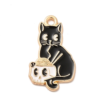 Alloy Enamel Pendants, Light Gold, Cat with Skull Charm, Black, 25x15x1.5mm, Hole: 2mm