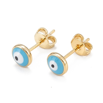 Brass Enamel Stud Earrings, Long-Lasting Plated, Flat Round with Evil Eye, Real 18K Gold Plated, Turquoise, 6x2.5mm, Pin: 0.8mm