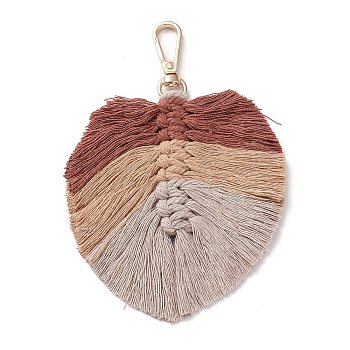 Handmade Braided Macrame Cotton Thread Leaf Pendant Decorations, with Brass Clasp, Brown, 13.5cm