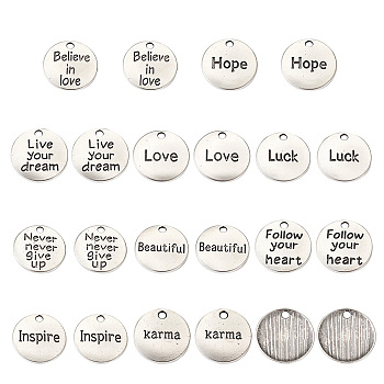 Tibetan Style Alloy Pendants, Flat Round with Word, Antique Silver, 20x2mm, Hole: 2mm, 60pcs/set