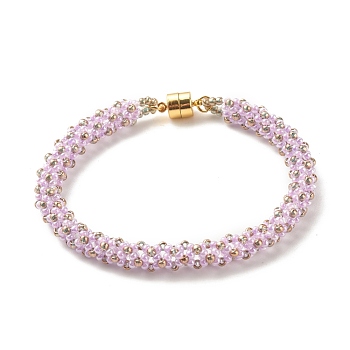 Glass Seed Beaded Bracelet with Brass Magnetic Clasps, Braided Bracelet for Women, Lilac, 7-1/2 inch(19cm)