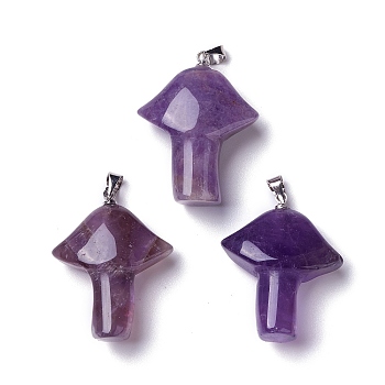 Natural Amethyst Pendants, with Platinum Tone Brass Snap on Bails, Mushroom Charms, 27~28.5x22~23x9.5~10.5mm, Hole: 5x4mm