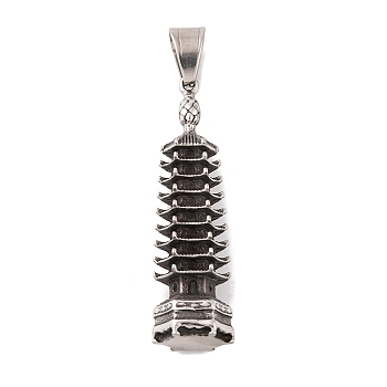 304 Stainless Steel Big Pendants, Pagoda Charm, Antique Silver, 52.5x14.5x13mm, Hole: 10x6mm