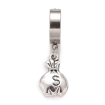 Stainless Steel Moneybag with Dollar Sign Dangle Hoop Earrings, Hip-hop Punk Jewelry for Women, Stainless Steel Color, 34x13.5x4mm, Pin: 0.9mm