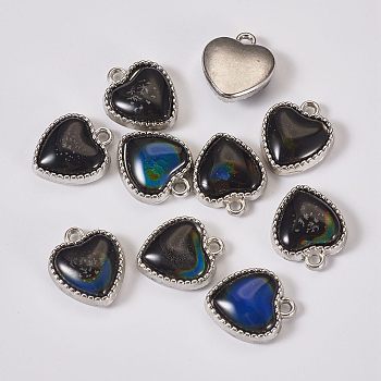 Resin Changing Color Mood Pendants, Platinum Plated Alloy Heart Charms, Platinum, 16x14x6mm, Hole: 1.5mm