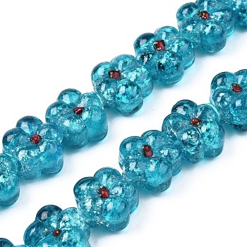 Transparent Handmade Bumpy Lampwork Beads Strands, with Silver Glitter, Flower, Dark Turquoise, 13.5~14.5x14.5x8.5~10mm, Hole: 0.8~1.6mm, about 35pcs/strand, 18.50 inch~19.37 inch(47cm~49.2cm)